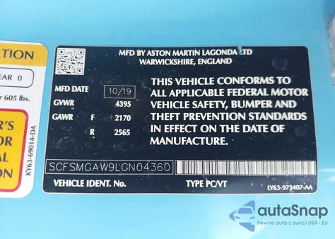 2020 Aston Martin Vantage из США, поврежденный, VIN SCFSMGAW9LGN04360